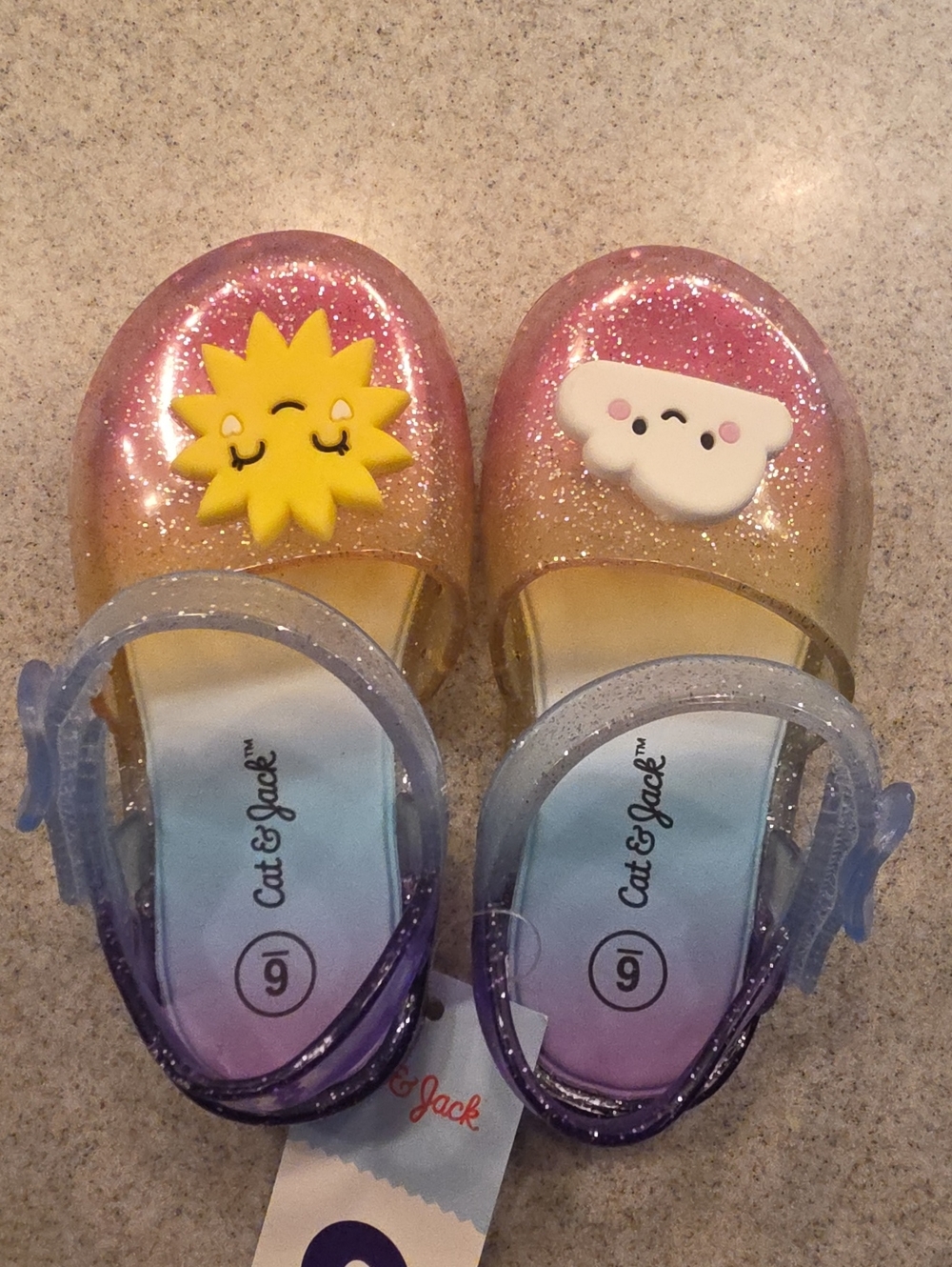 Cat & Jack Glitter Jelly Sandals with Sun & Cloud Charms - Pink, Yellow, Purple